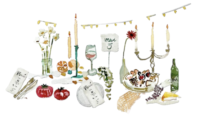 Ilustración de mesa con copas, vino, frutas y flores