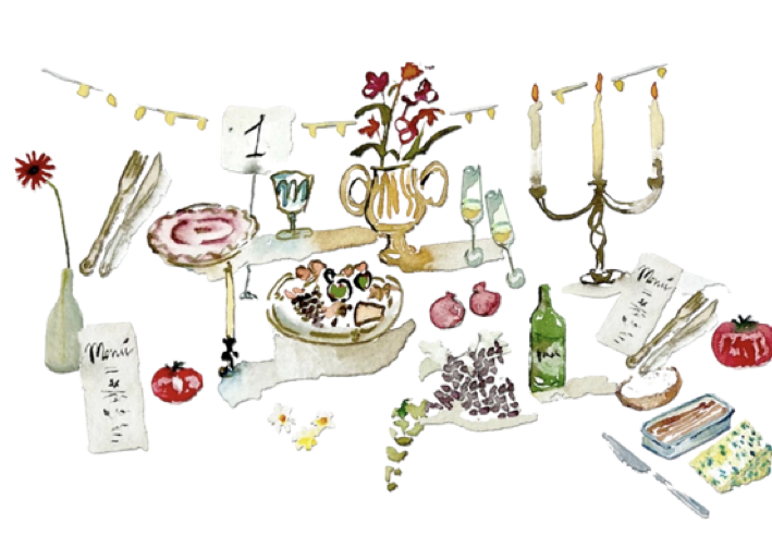 Ilustración de mesa de boda con velas, candelabros y centro de mesa